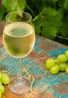 A glass of white wine sits on the table surrounded by grapes and green vines
