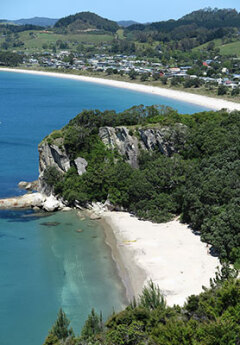 Aerial view of Whitianga and sandy beach in Coromandel Peninsula