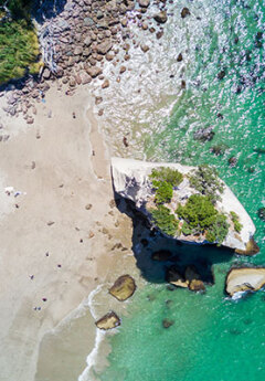 Aerial view of Coromandel and turquise waters of South Pacicifc Oceon