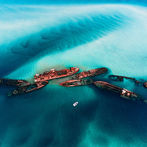 Aerial view of the Tangalooma shipwrecks in crystal clear waters