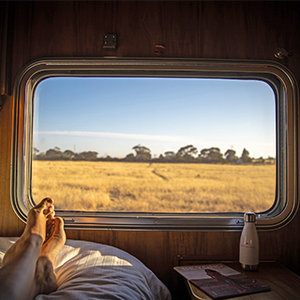 Guest looking out window on the Indian Pacific Train