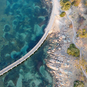 An aerial image of the causeway heading into Granite Island