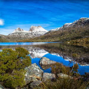 Reflective lake with snowy mountains in the back