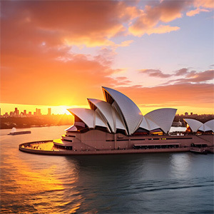Sydney Opera House with a brilliant sunrise behind it.