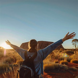 Traveler embracing sunrise near Uluru&rsquo;s vast landscape.