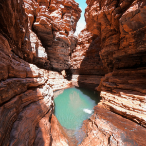 Sunlit turquoise pool nestled within towering, textured red rock walls.