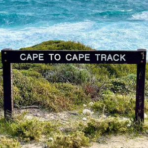 Wooden sign reading 'Cape to Cape Track' with ocean in background